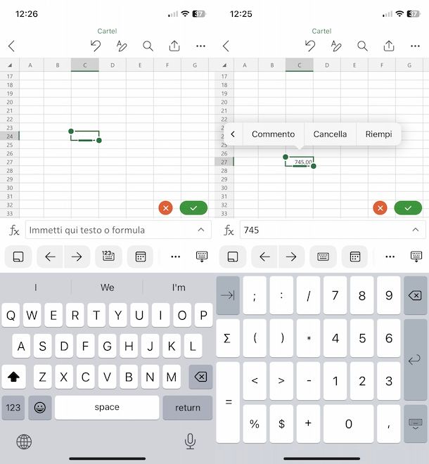 Inserire testo e numeri in cella Excel su iPhone