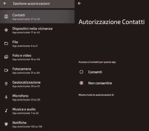 impostazioni Android app con accesso ai contatti