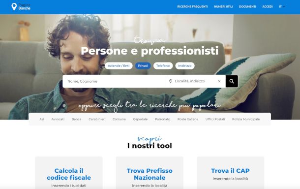 home page sito Pagine Bianche