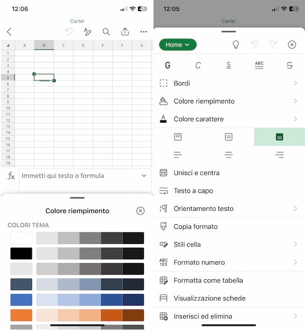 Modificare stile celle Excel su iPhone