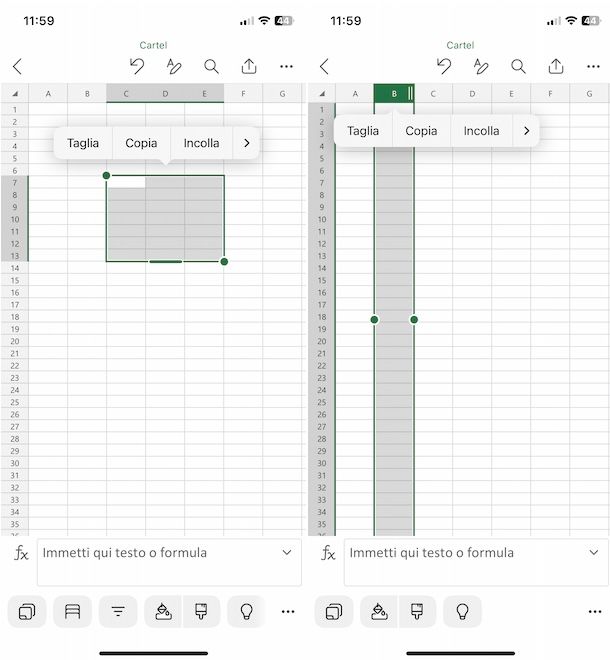 Selezionare celle Excel su iPhone