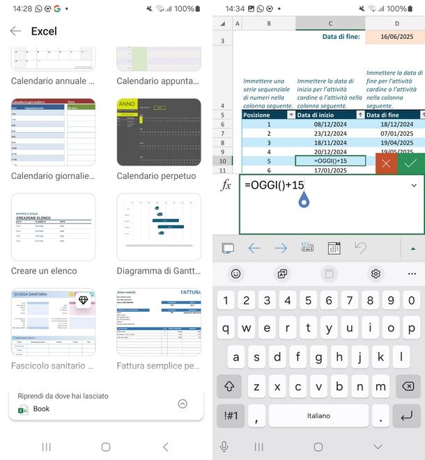 come creare un Gantt Excel smartphone e tablet