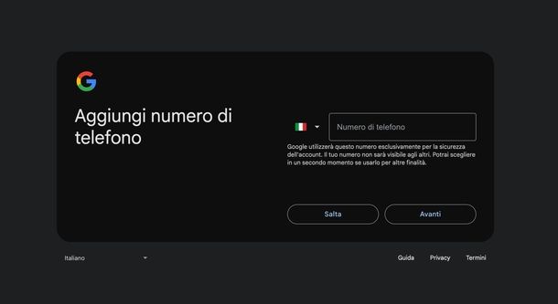 Creare account Gmail senza numero di telefono