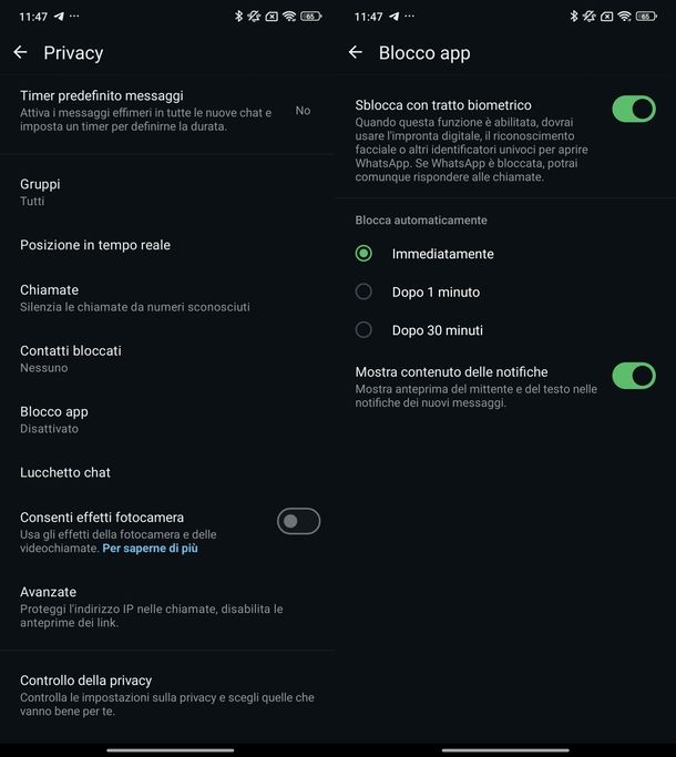 Blocco app WhatsApp Android
