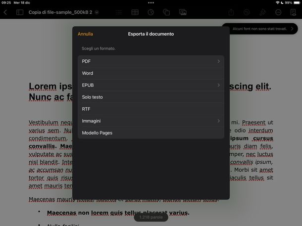 Salvare file Pages in PDF iPad