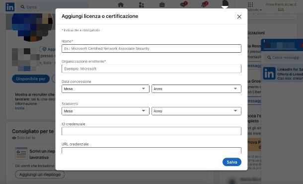 modulo aggiunta certificazione LinkedIn