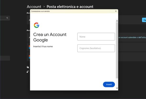 Creare nuovo account Gmail Windows