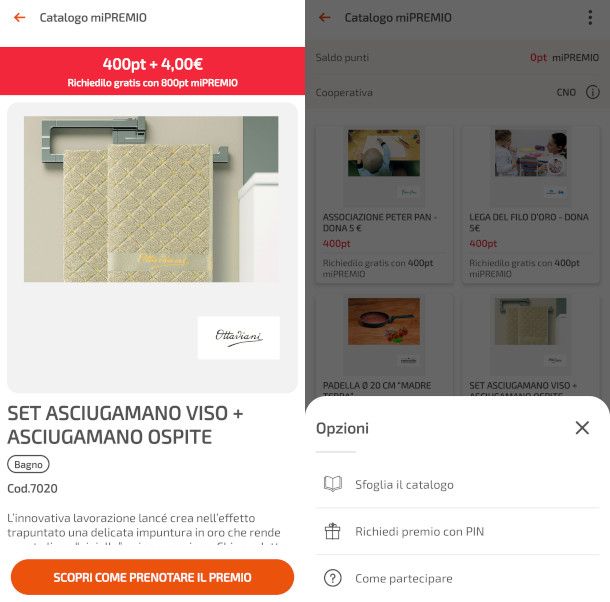 dettaglio premio e menu opzioni app HeyConad