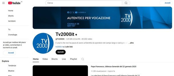 Rivedere TV2000 da YouTube