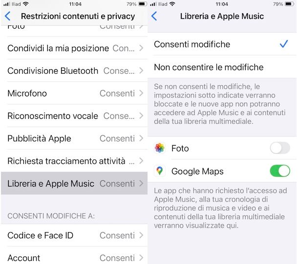 Restrizioni accesso app a Musica