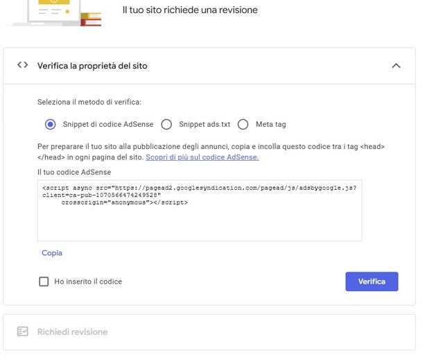 AdSense verifica sito