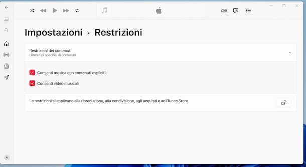 Disattivare restrizioni Apple Music su Windows