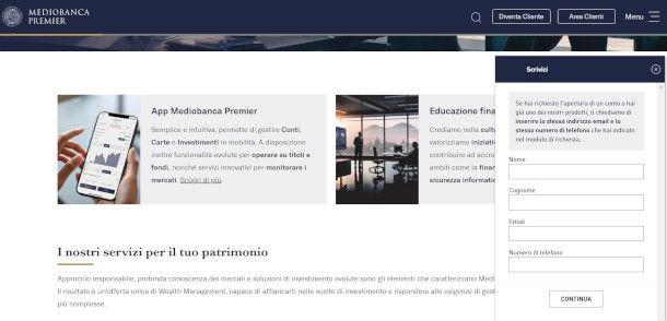 modulo per contatto email sito Mediobanca Premier