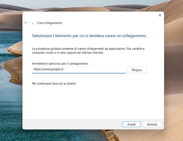 Creare nuovo collegamento Windows