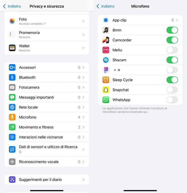 come disattivare microfono app iPhone