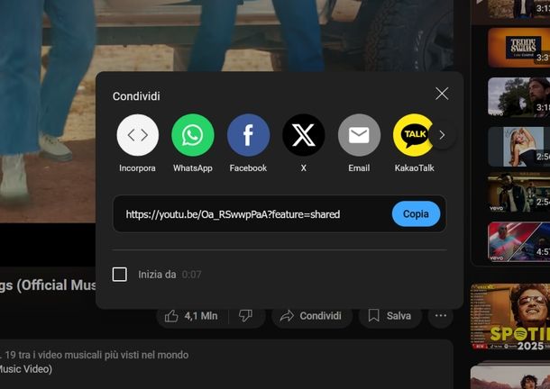 Copiare link YouTube