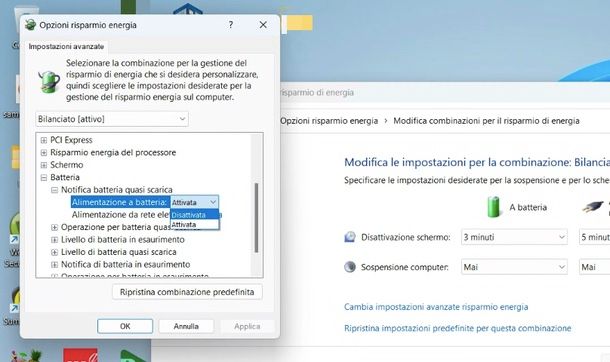 Come disattivare allarme batteria scarica PC Windows