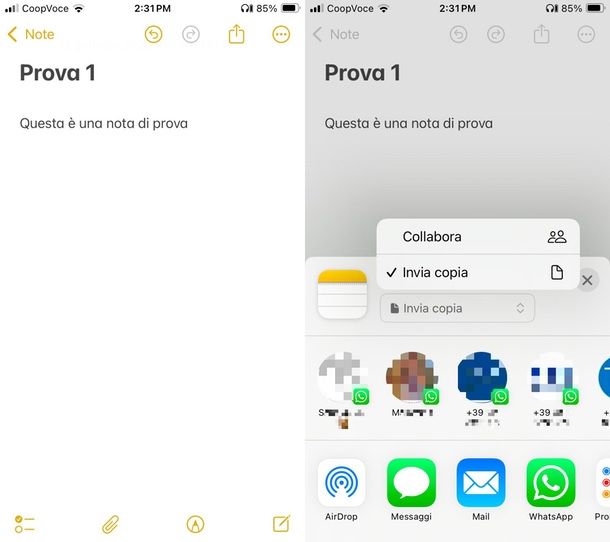 come inviare una nota iPhone