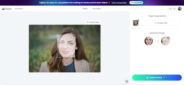 interfaccia Swap Face su sito Fotor