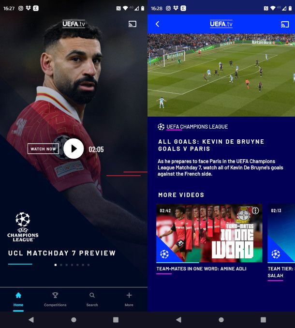 schermate app UEFA.tv