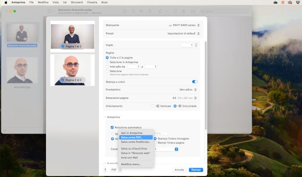unione di due foto in PDF su Anteprima Mac