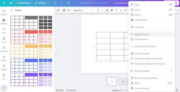 Aggiungere colonna a tabella su Canva
