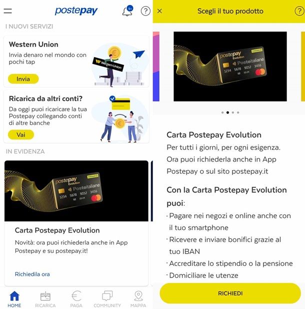 Il procedimento per richiedere la Postepay tramite app