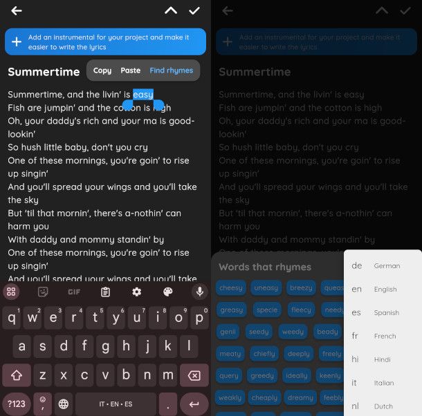 interfaccia app write lyrics and saves your ideas