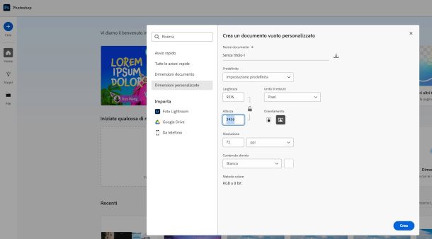 creazione tela su Photoshop Online