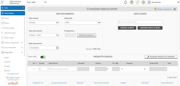 Creare fattura su Fatturazione Elettronica di Aruba