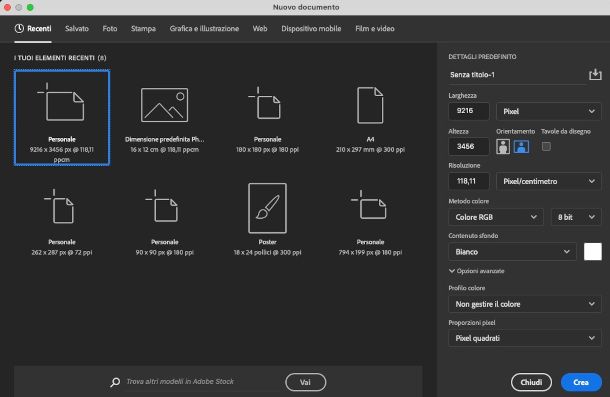 creazione di una nuova tela su Photoshop