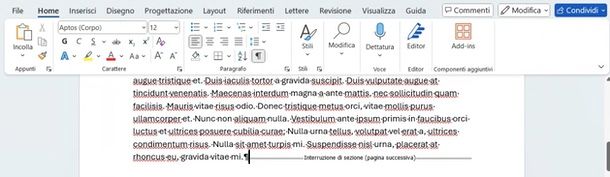 come togliere interruzione di sezione Word