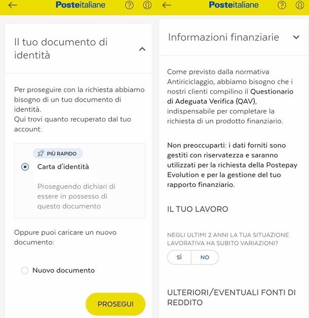 Il procedimento per inserire i dati per la richiesta di una Postepay da app