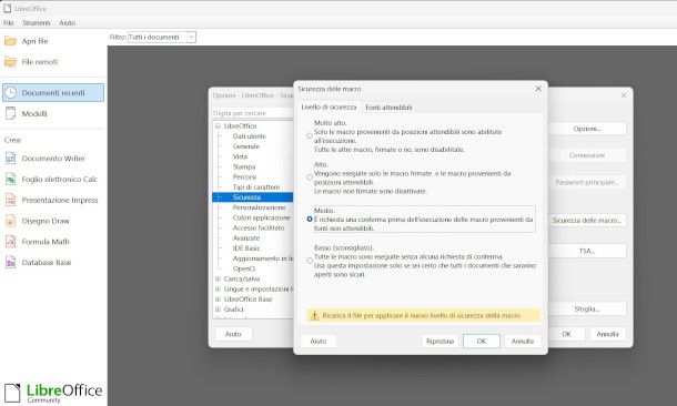 modifica sicurezza macro LibreOffice