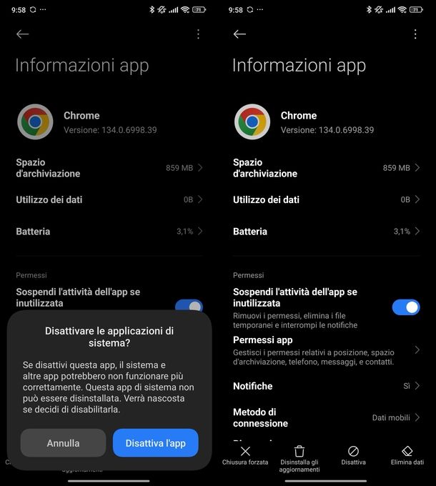 Disattivare Google Chrome Android