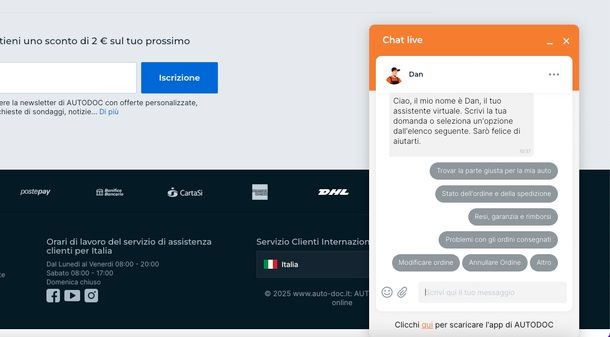 Come contattare AUTODOC live chat sito