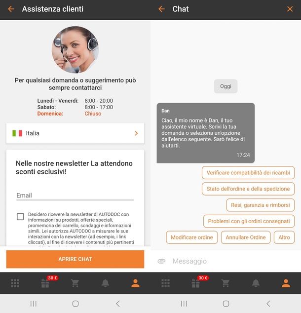 AUTODOC assistenza chat in app